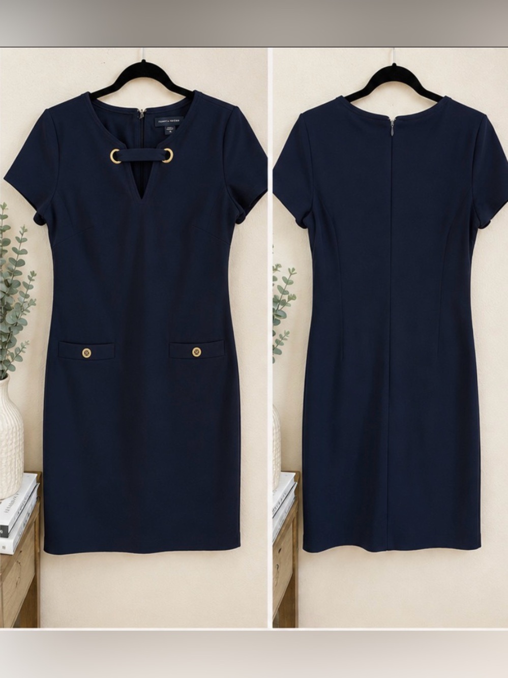 Signature Navy Short-Sleeve Sheath Dress with Gold Hardware